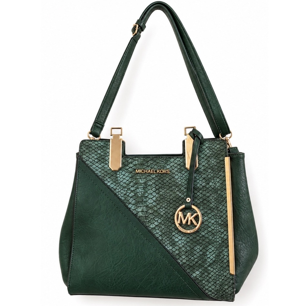 Michael Kors Forest Green Snakeskin Purse Designer Tote Gold Hardware MK Charm